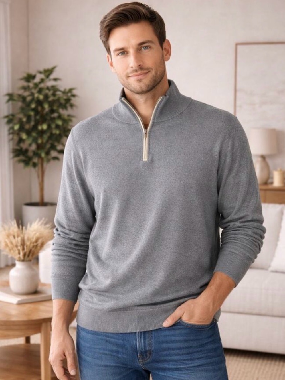 NWT Collars & Co. Men's Luxury Touch Cotton & Cashmere 1/4 Zip Sweater Grey SZ L